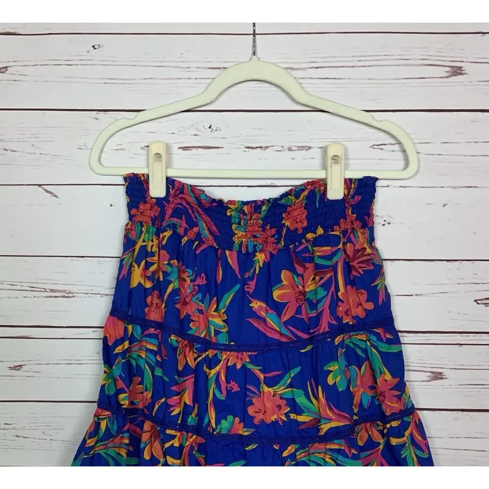 J.Crew Women's S Small Blue Floral Tropical Hawaiin Stretchy Waist Elastic Skirt